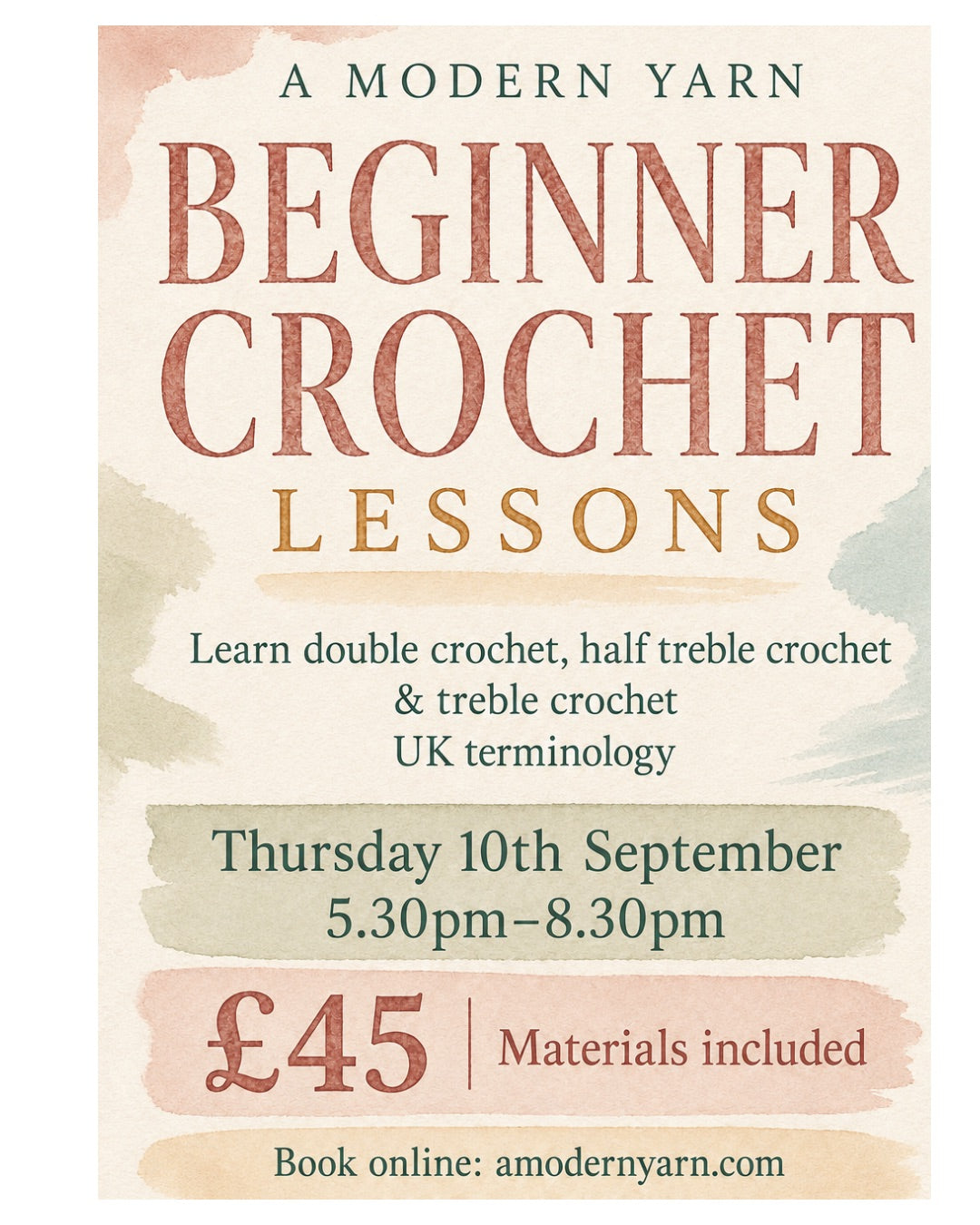 Beginners Crochet Workshop. Thursday 10th September 5.30pm - 8.30pm. All materials included. Suitable for total beginners.