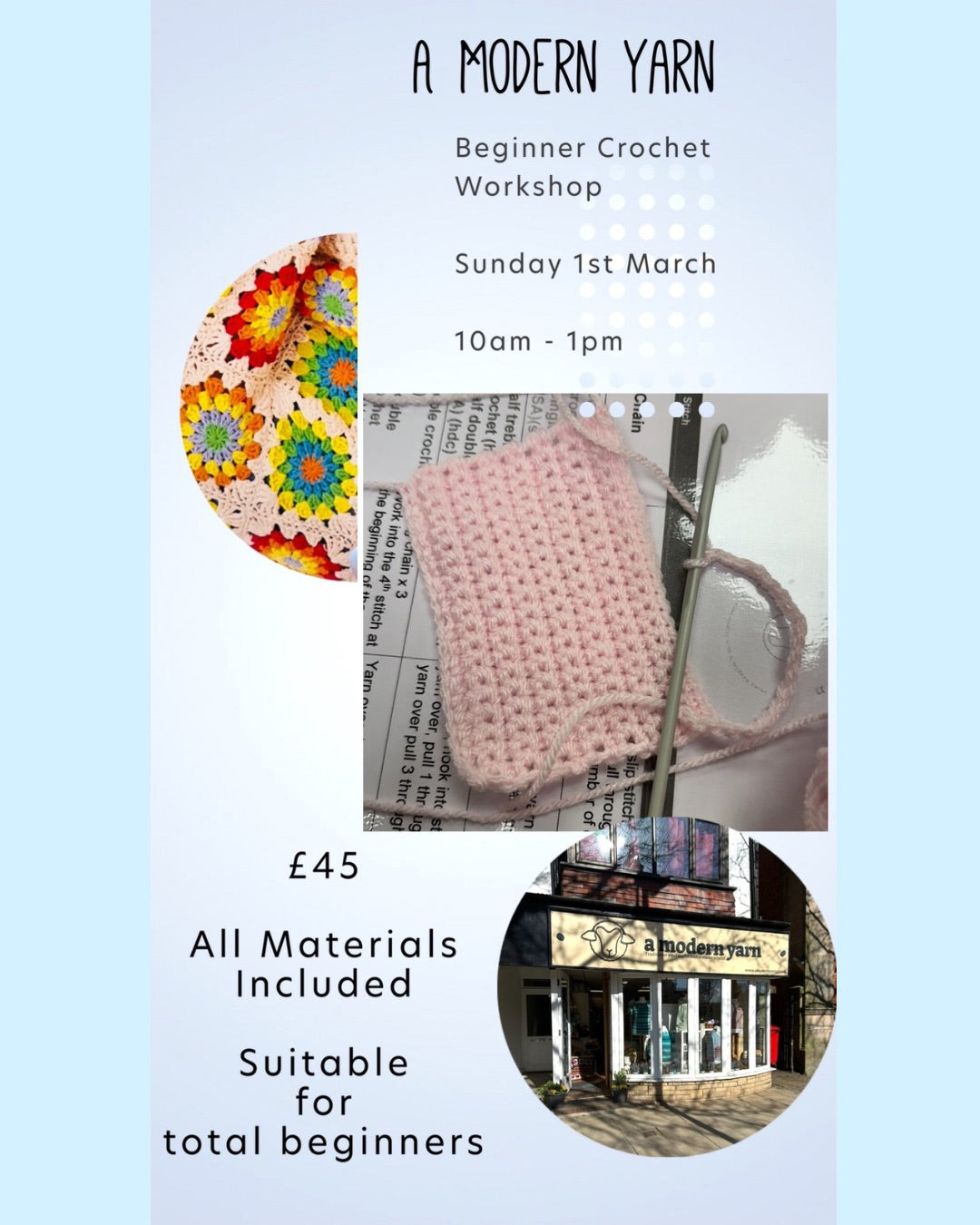 Beginner Crochet Workshop Sunday 1st March 2025 10am - 1pm