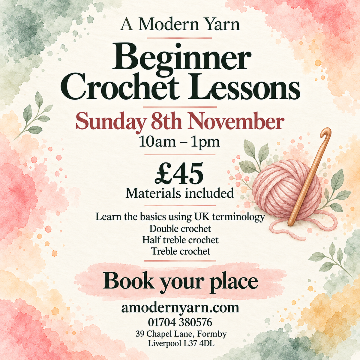 Beginners Crochet Workshop. Sunday 8th November 10am - 1pm. All materials included. Suitable for total beginners.