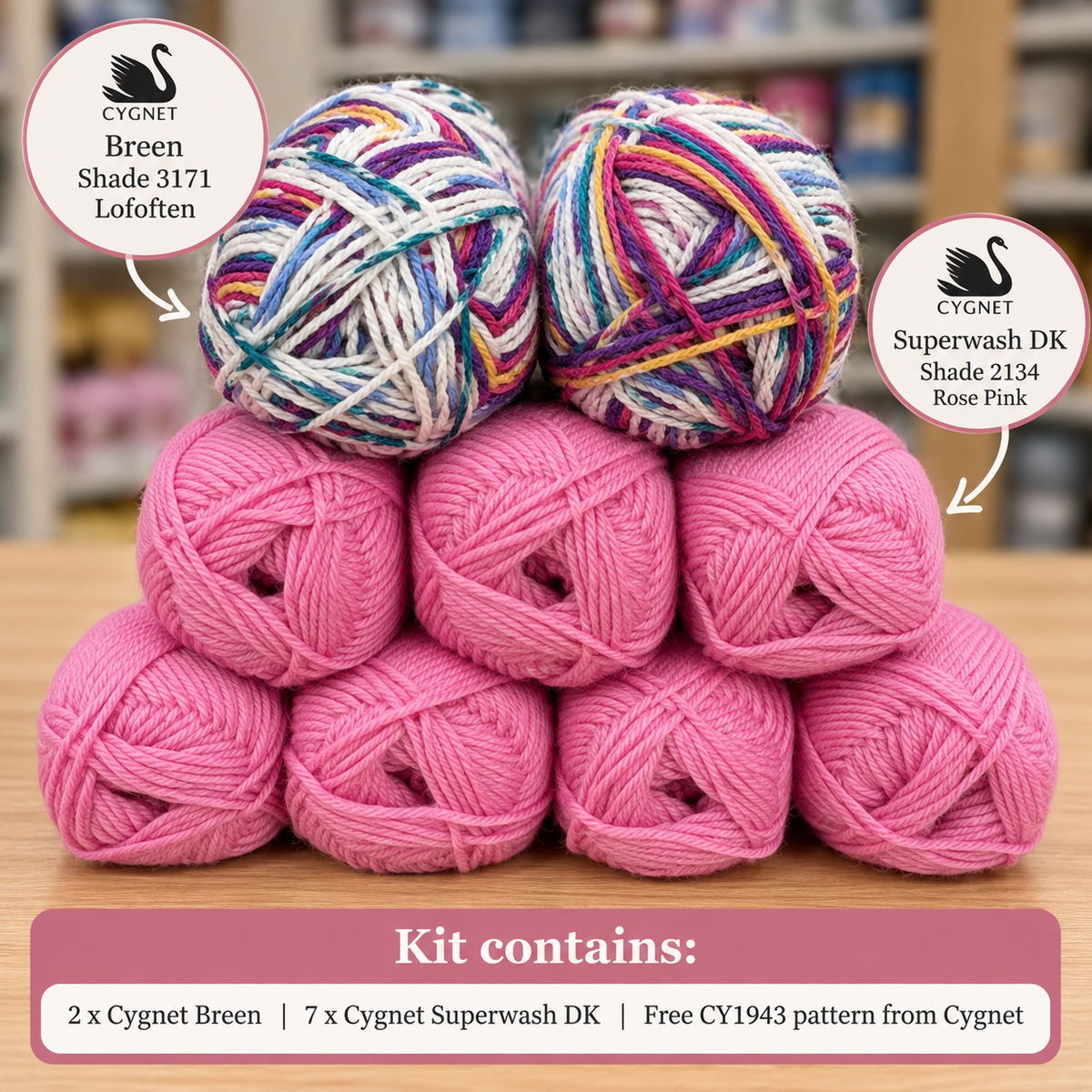 Cygnet CY1943 Yoked Sweater Knitting Kit - Rose Pink & Lofoten