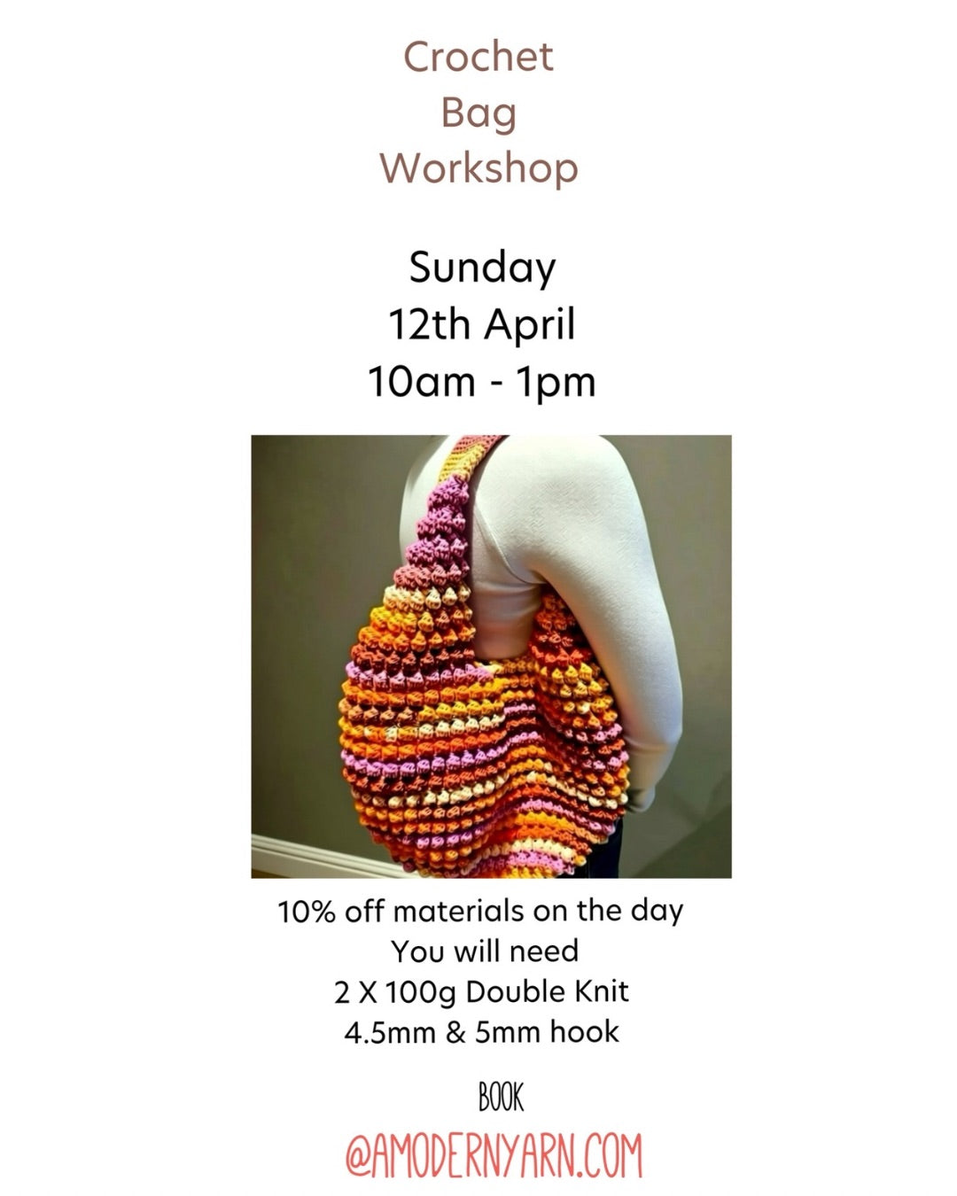 Crochet Bag 10am - 1pm Sunday 12th April.  Suitable for confident crocheters using treble crochet.