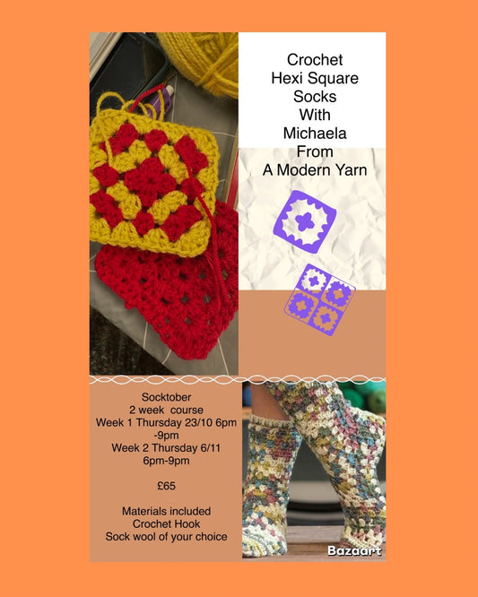 Crochet Hexi Socks Workshop 2 week workshop week 1 23/10/25 week 2 6/11/25 6pm - 9pm